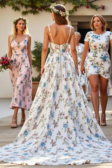 White V-Neck A Line Sweep Train Wedding Dress with Flowers